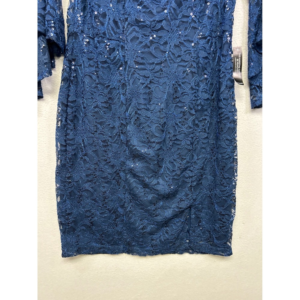 Cocktail Party Venus Womens 20 Blue Lace Sequin Bell Sleeve Off Shoulder Dress - Picture 11 of 12
